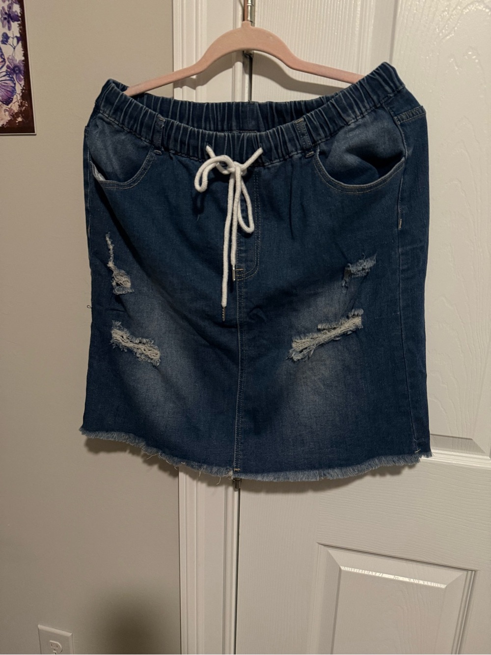 SHEIN Dark Blue Distressed Denim Mini Skirt with Drawstring